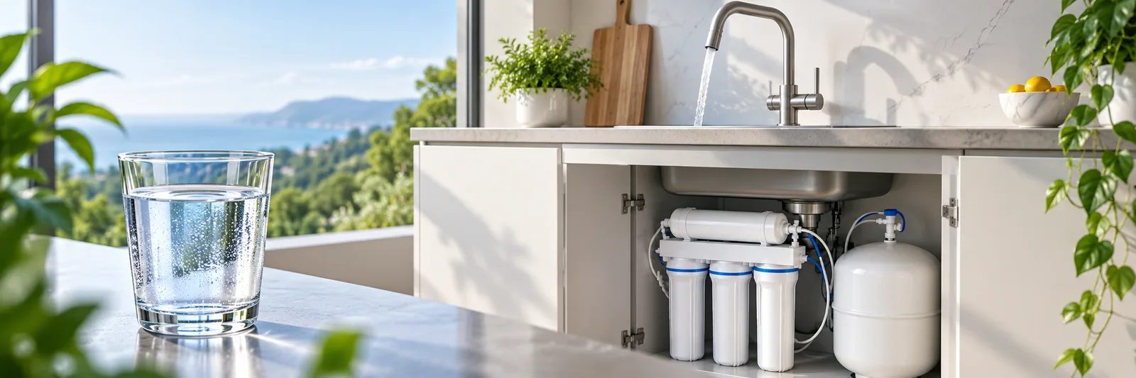 Sistema de ósmosis inversa instalado bajo el fregadero con su grifo en la cocina